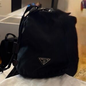 Prada Black Nylon Drawstring Backpack with Logo Plaque